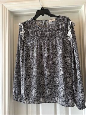 Loft Outlet XL Women’s Black & White Paisley Ruffle Shoulder Long Sleeve Top
